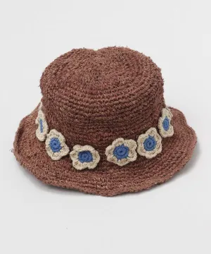 Knitted Hemp Hat with Crochet Flower
