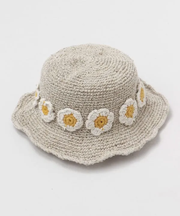 Knitted Hemp Hat with Crochet Flower