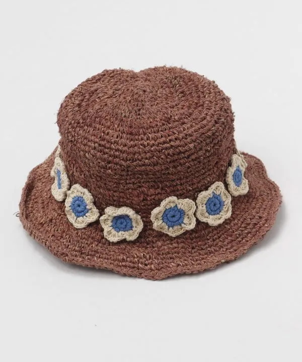 Knitted Hemp Hat with Crochet Flower