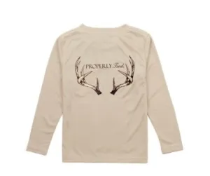 PROPERLY TIED PERFORMANCE TEE SHIRT - LOGO POCKET ON FRONT - BACK GRAPHIC - VINTAGE ANTLERS ON SAND TAN